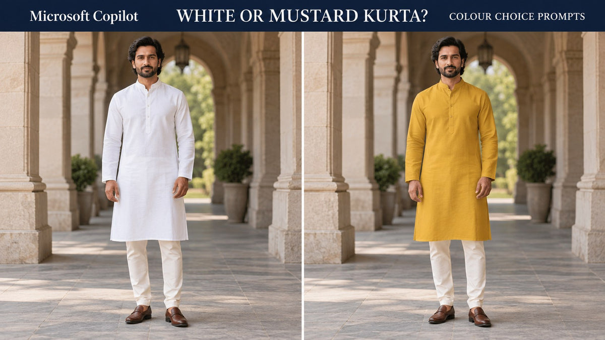 AI-generated editorial comparison of an adult man in fictional white and mustard kurtas, with the text Microsoft Copilot blanco or mostaza kurta? Colour Choice Prompts.