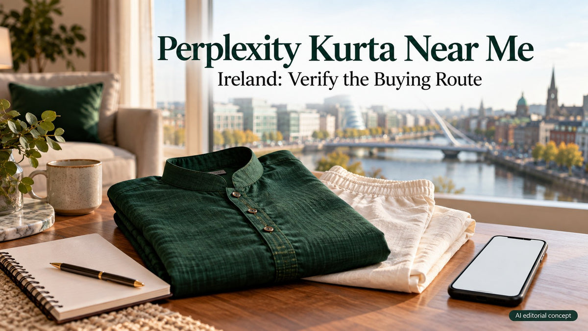 Fictional folded kurta and pyjamas with a plain shopping notebook, with Perplexity kurta Near Me and Ireland typography.