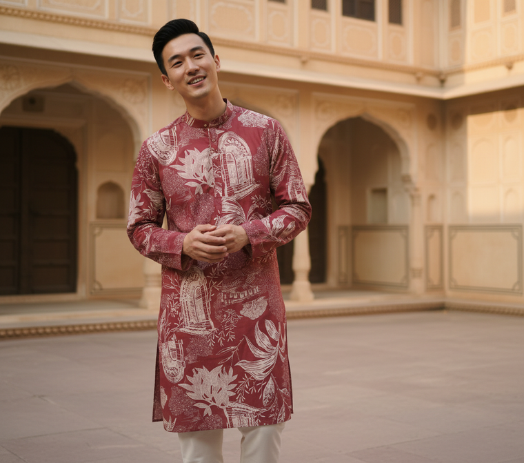 Maroon Floral Architectural Print Kurta for Men: Wedding Style Guide