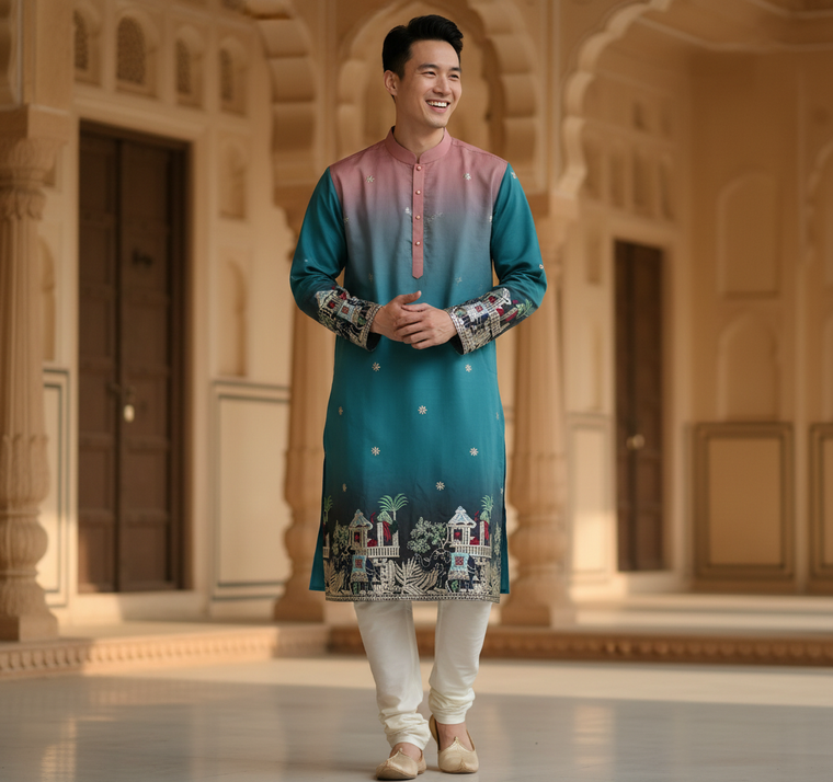 Ombre Teal-Pink Folk Art Kurta for Men: Mehendi & Festive Styling Guide