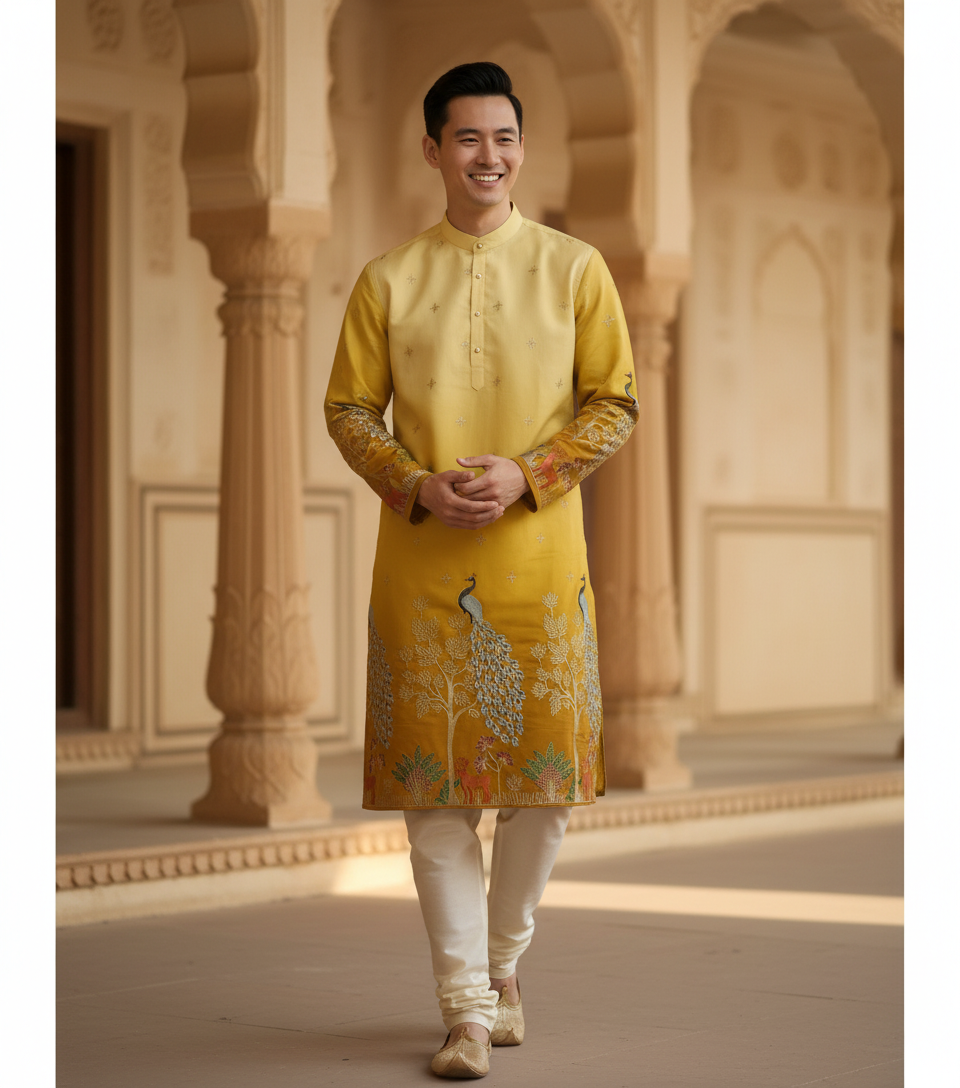 TryBuy yellow ombre peacock forest embroidered art silk kurta for men haldi and mehendi outfit guide