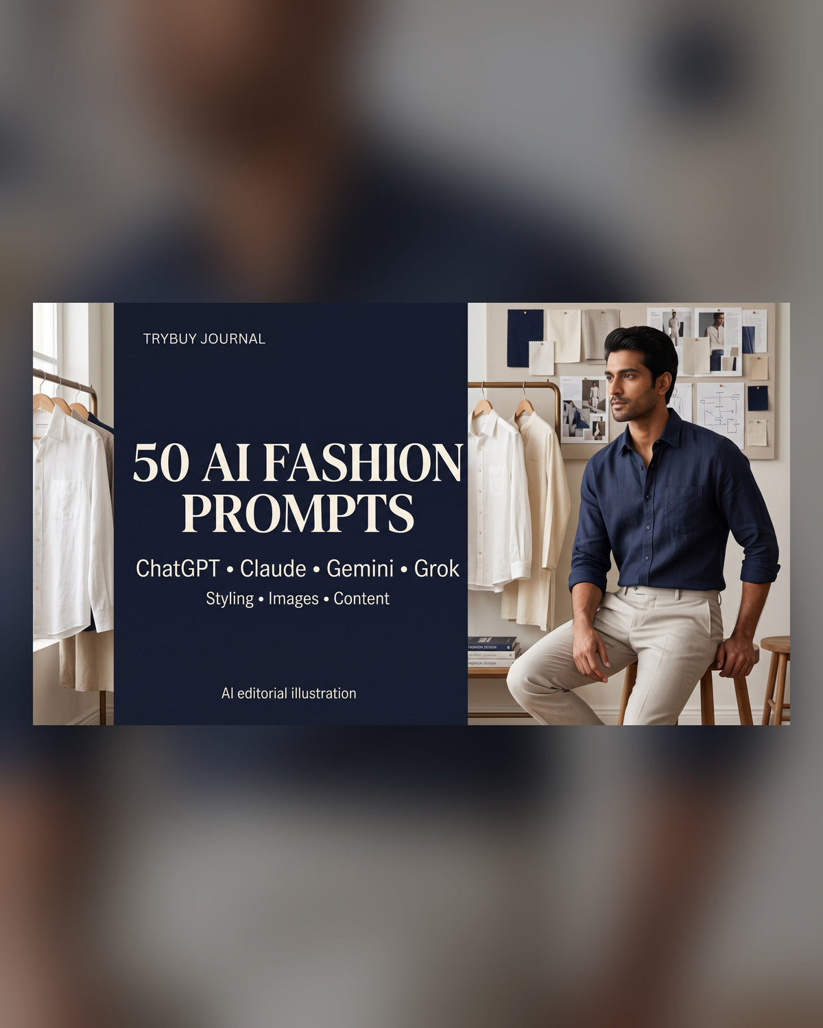 IA-generated editorial cover for 50 moda IA prompts, with ChatGPT, Claude, Gemini and Grok headline text and a menswear studio scene.