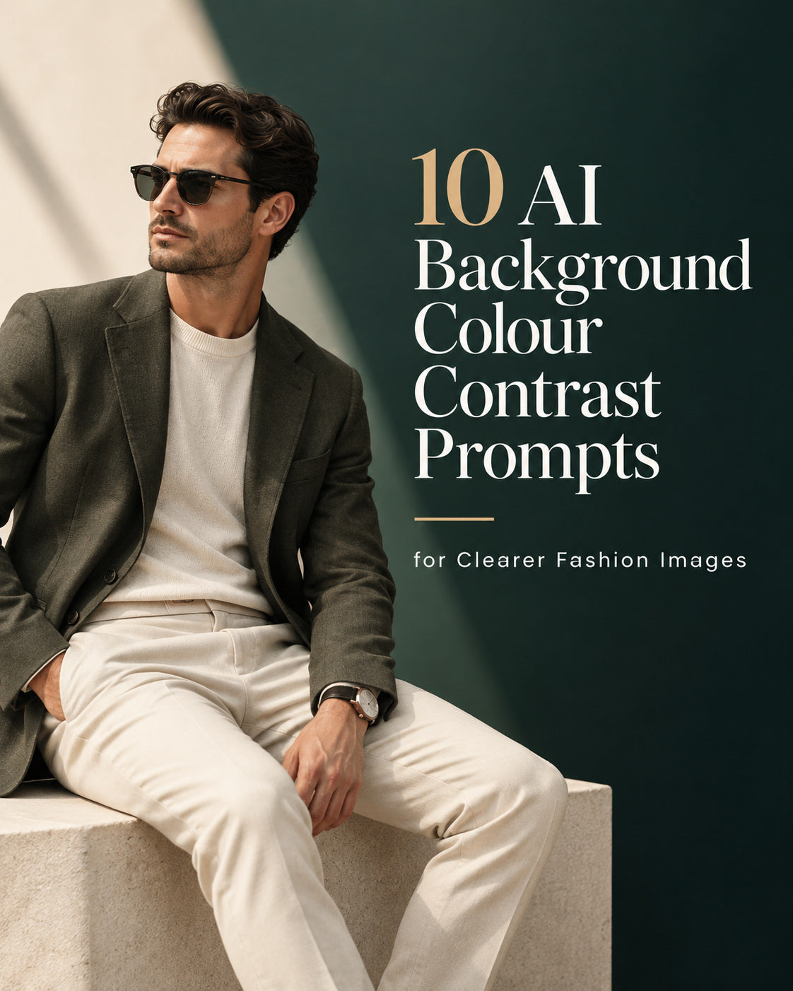 AI-generated seated model beside cream and dark green backgrounds, titled 10 AI Background Colour Contrast Prompts for Clearer Fashion Images.