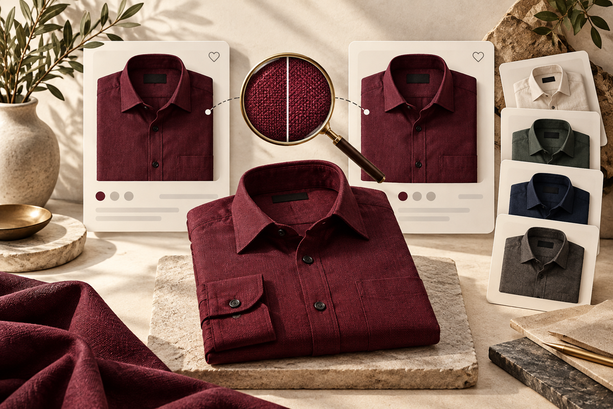 AI-generated illustration of matching shirt catalog cards being reviewed for duplicate records.