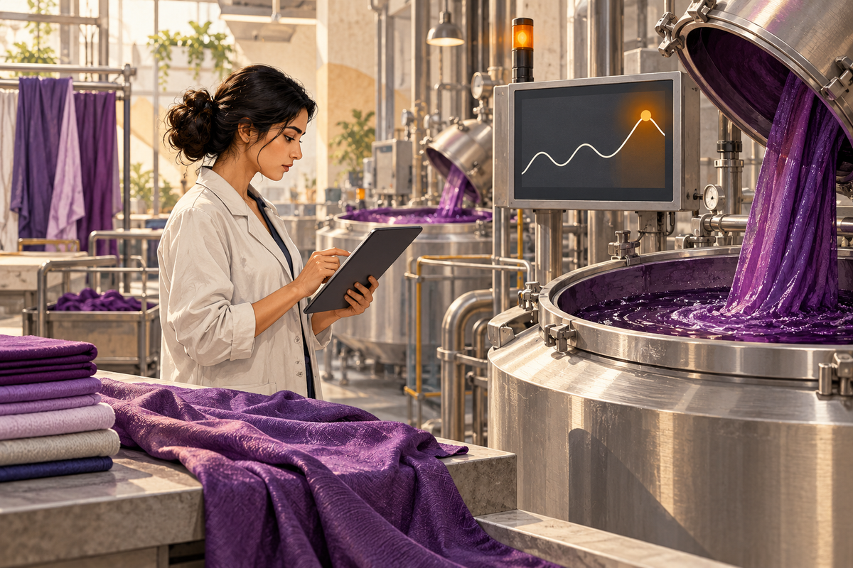 AI-generated illustration of a textile technician reviewing an energy alert beside dyeing equipment.