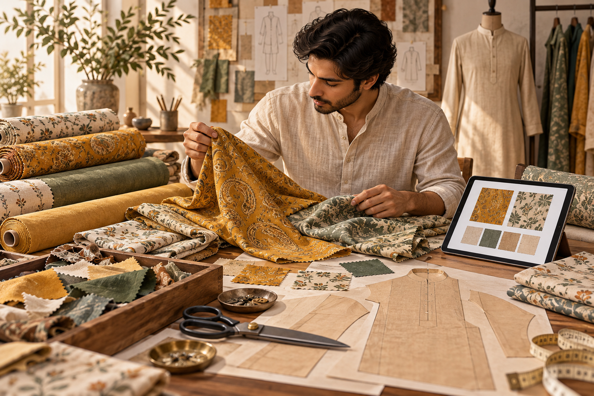 AI-generated illustration of fabric remnants, kurta pattern pieces and a digital swatch shortlist.