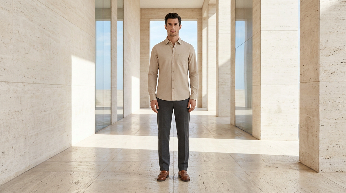 AI-generated full-body menswear framing illustration used for fashion product QA prompts