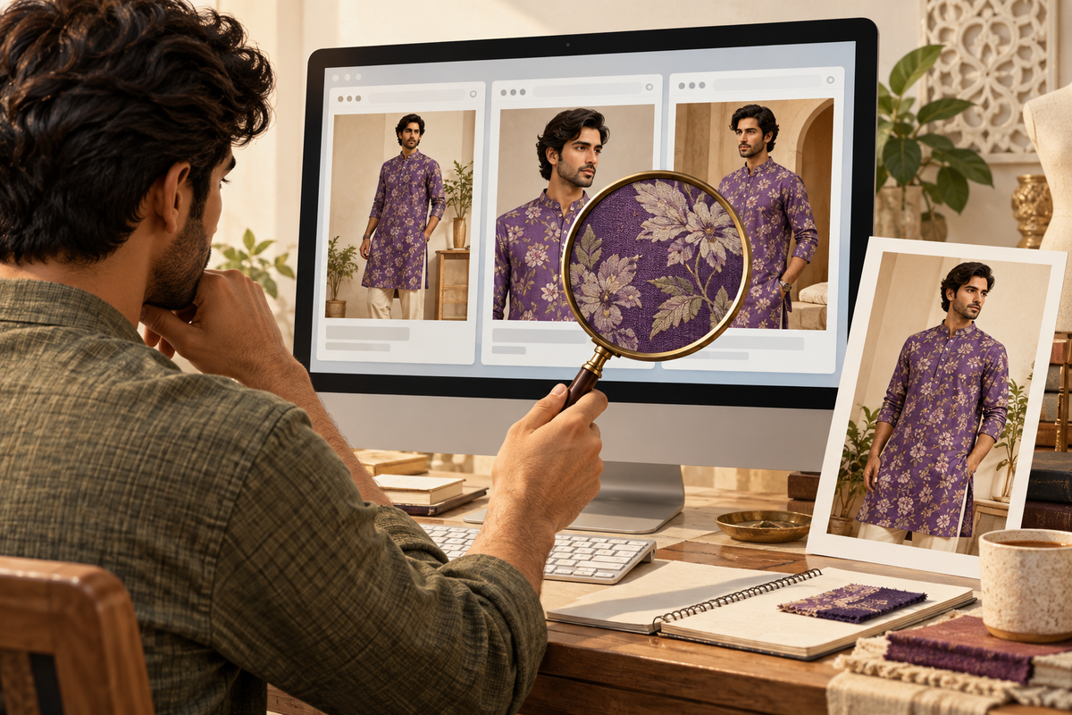AI-generated illustration of a kurta photograph compared across browser windows for possible image matches.