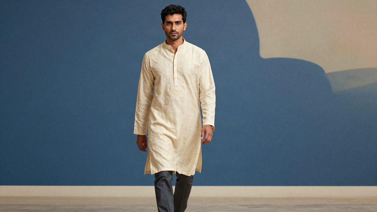 AI-generated editorial illustration of a man in an ivory kurta on a contemporary runway with a painterly digital backdrop.