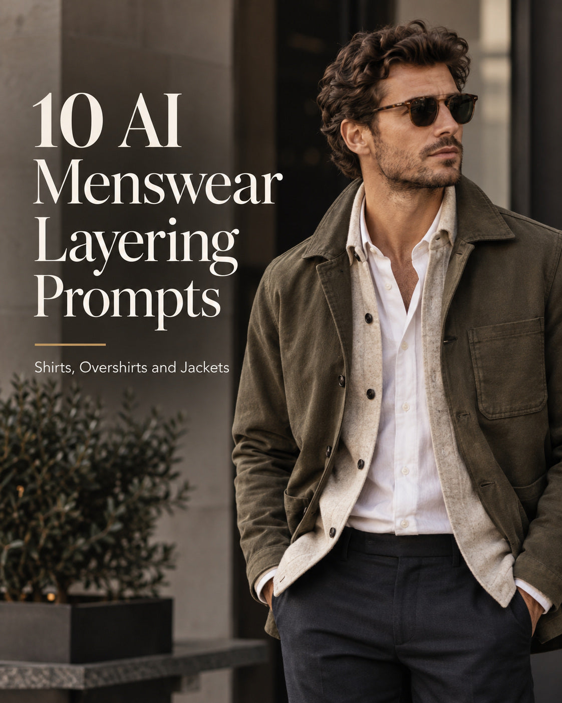 AI-generated layered menswear cover showing an olive jacket over pale layers, titled 10 AI Menswear Layering Prompts.