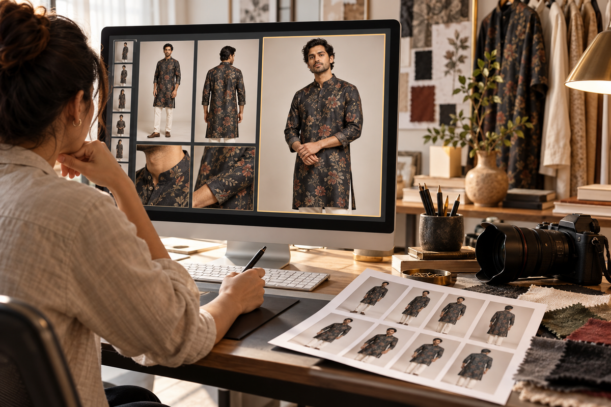 AI-generated illustration of an editor selecting front, back and detail frames from a fashion contact sheet.