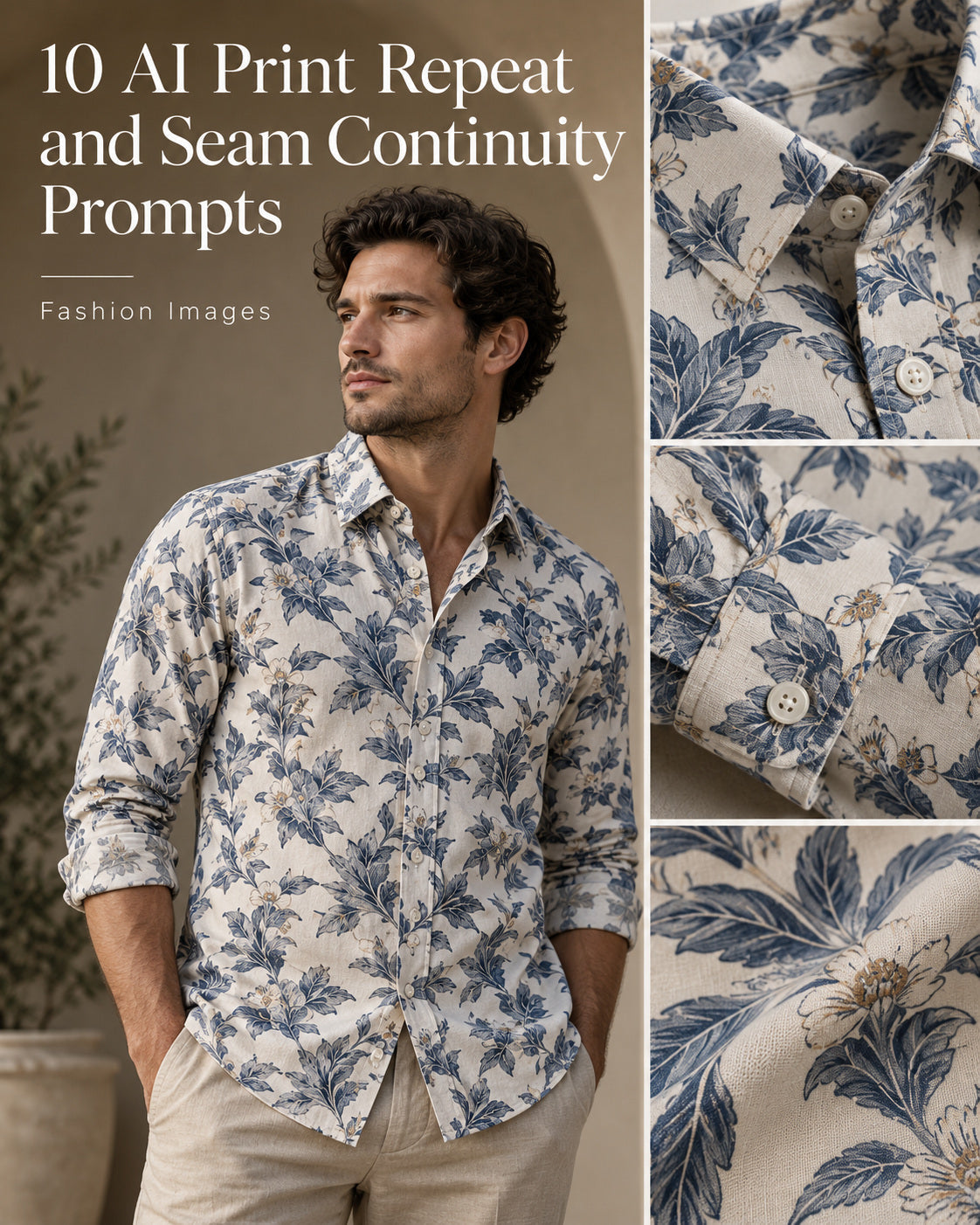 AI-generated botanical-print shirt cover with collar, cuff and fabric close-ups, titled 10 AI Print Repeat and Seam Continuity Prompts.