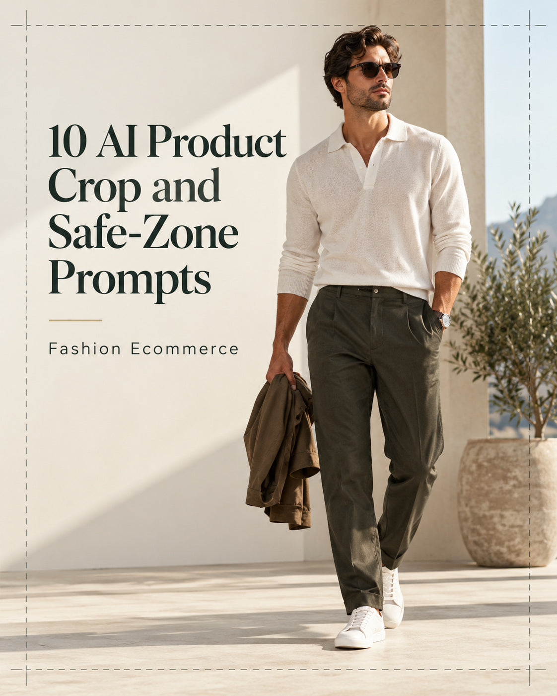AI-generated full-body fashion cover with dashed framing guides and the title 10 AI Product Crop and Safe-Zone Prompts.