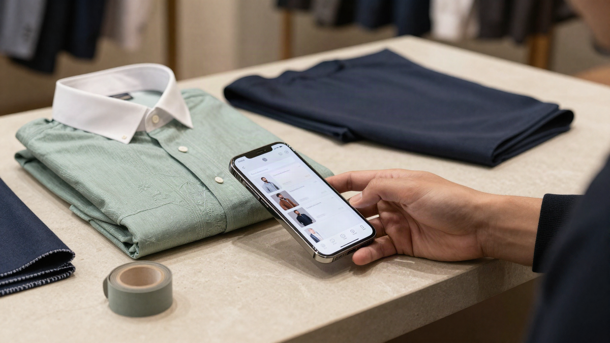 AI-generated editorial illustration of shirts, a sage kurta and a smartphone representing conversational fashion shopping.