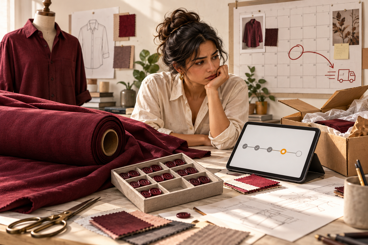 AI-generated illustration of cloth, buttons, an incoming parcel and a delivery-planning timeline.