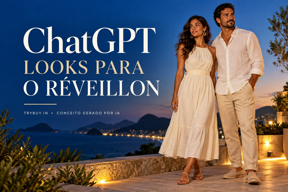 AI-generated adults in ivory outfits on a coastal terrace beside Portuguese text for ChatGPT Réveillon looks.