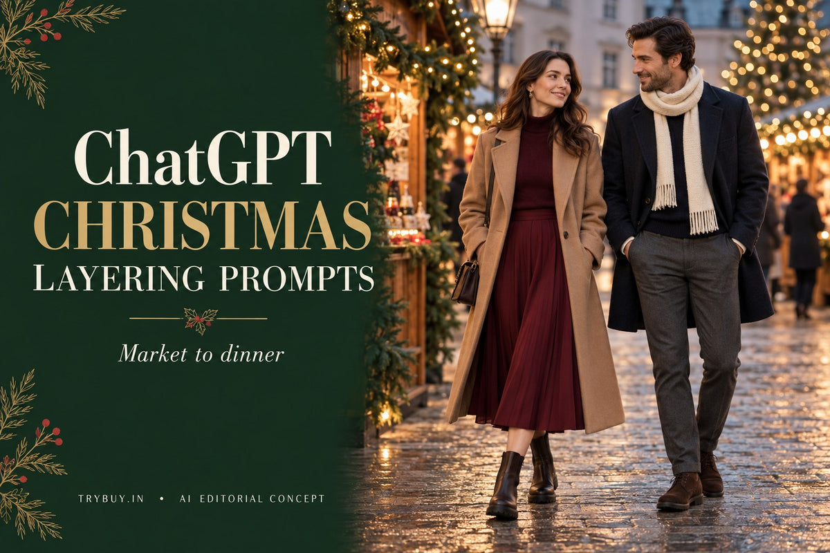 AI-generated adult couple in winter layers beside ChatGPT Christmas Layering Prompts.