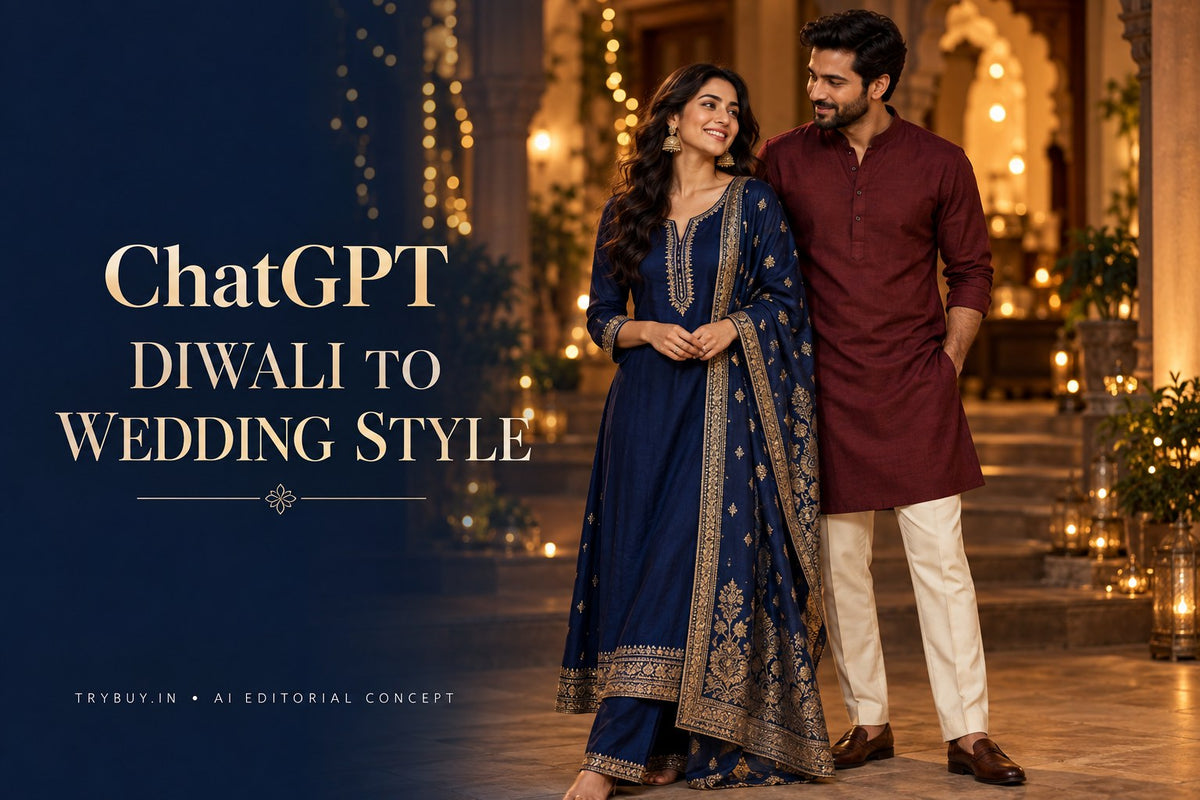KI-generated adult couple in navy and wine festive outfits beside ChatGPT Diwali to Hochzeit Style.