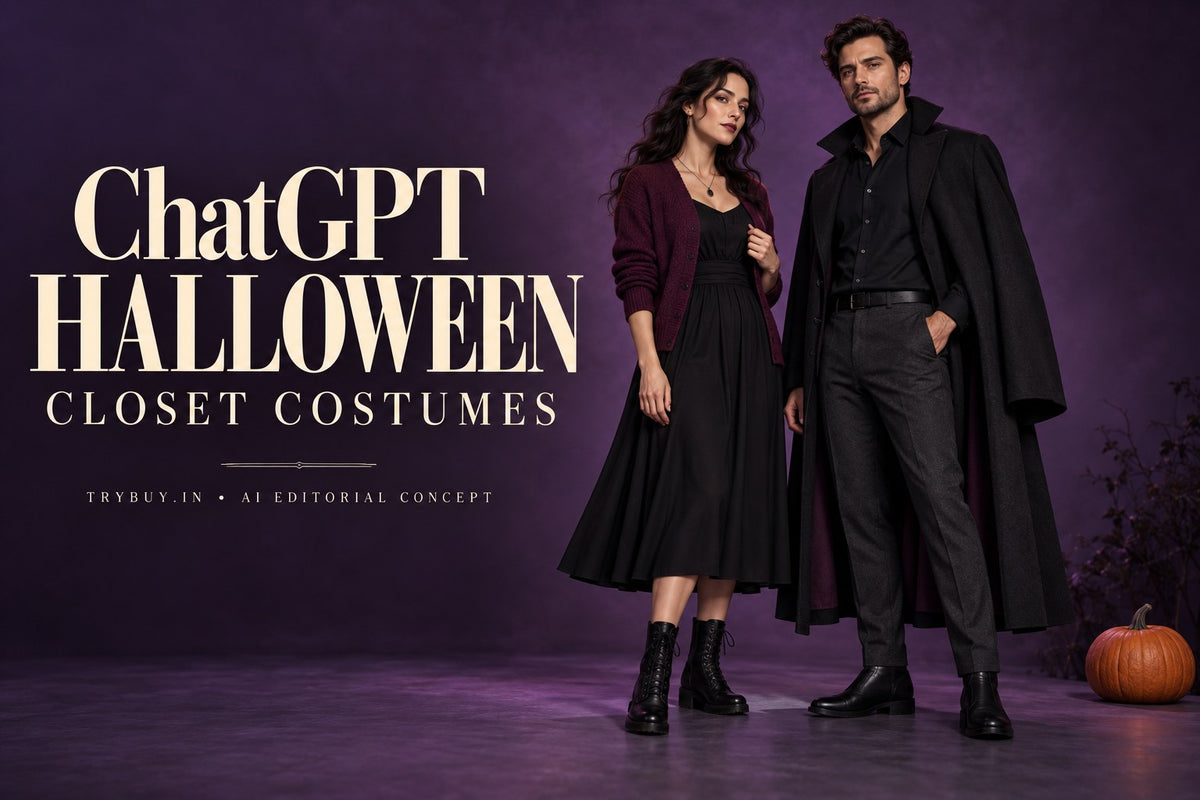 AI-generated adults in dark ordinary clothes styled as original Halloween concepts, with ChatGPT Halloween Closet Costumes text.
