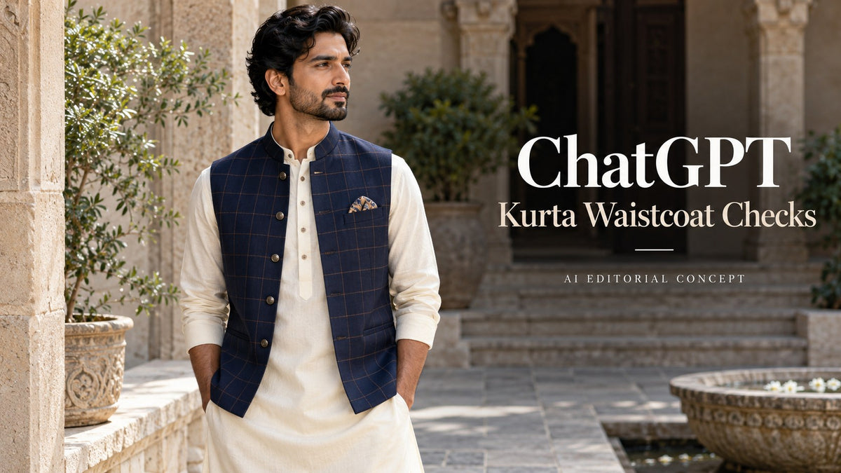 ChatGPT — Kurta Waistcoat Checks; KI-generated fictional adult-fashion editorial concept