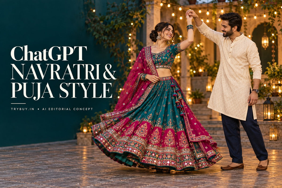 AI-generated adult couple in teal festive attire and an ivory kurta beside the title ChatGPT Navratri y Puja Style.