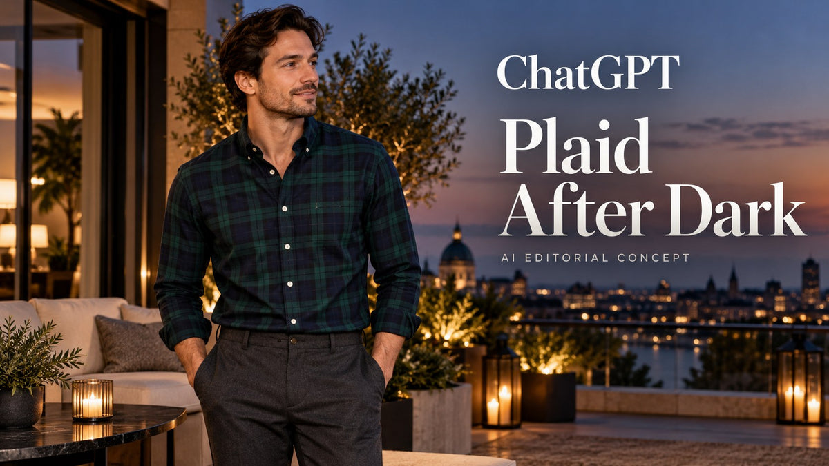 ChatGPT — Plaid After Dark; AI-generated fictional adult-fashion editorial concept