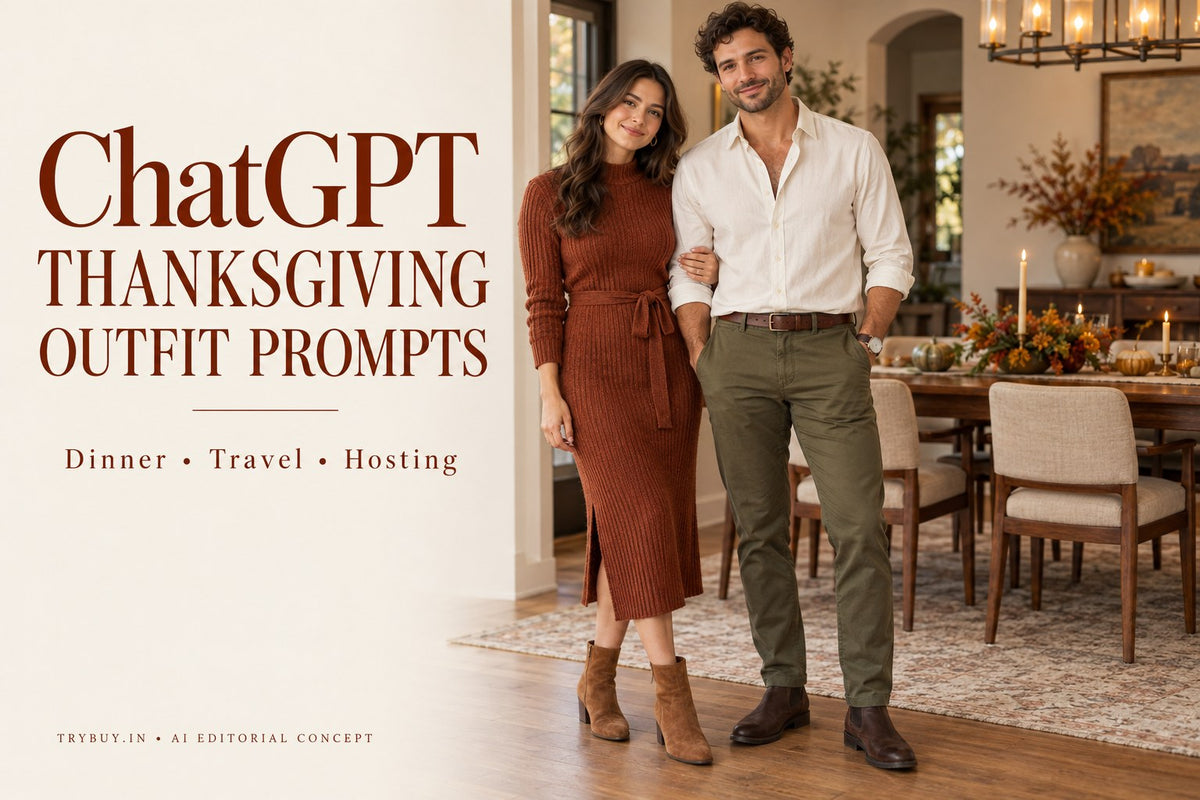 KI-generated adults in a rust dress and cream shirt with olive trousers beside ChatGPT Thanksgiving Outfit Prompts.