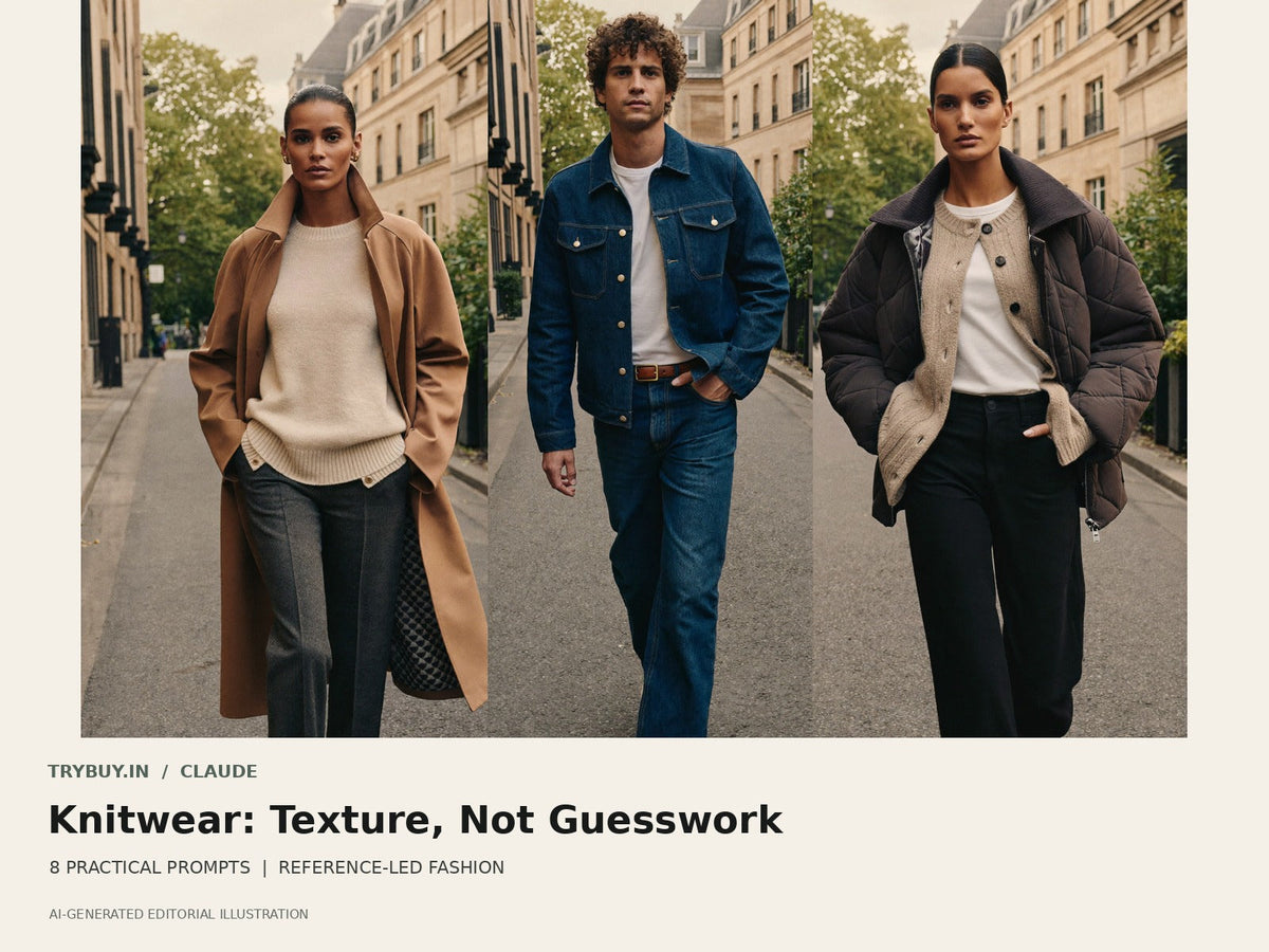 Claude Knitwear: Texture, Not Guesswork cover featuring AI-generated layered fashion concepts.