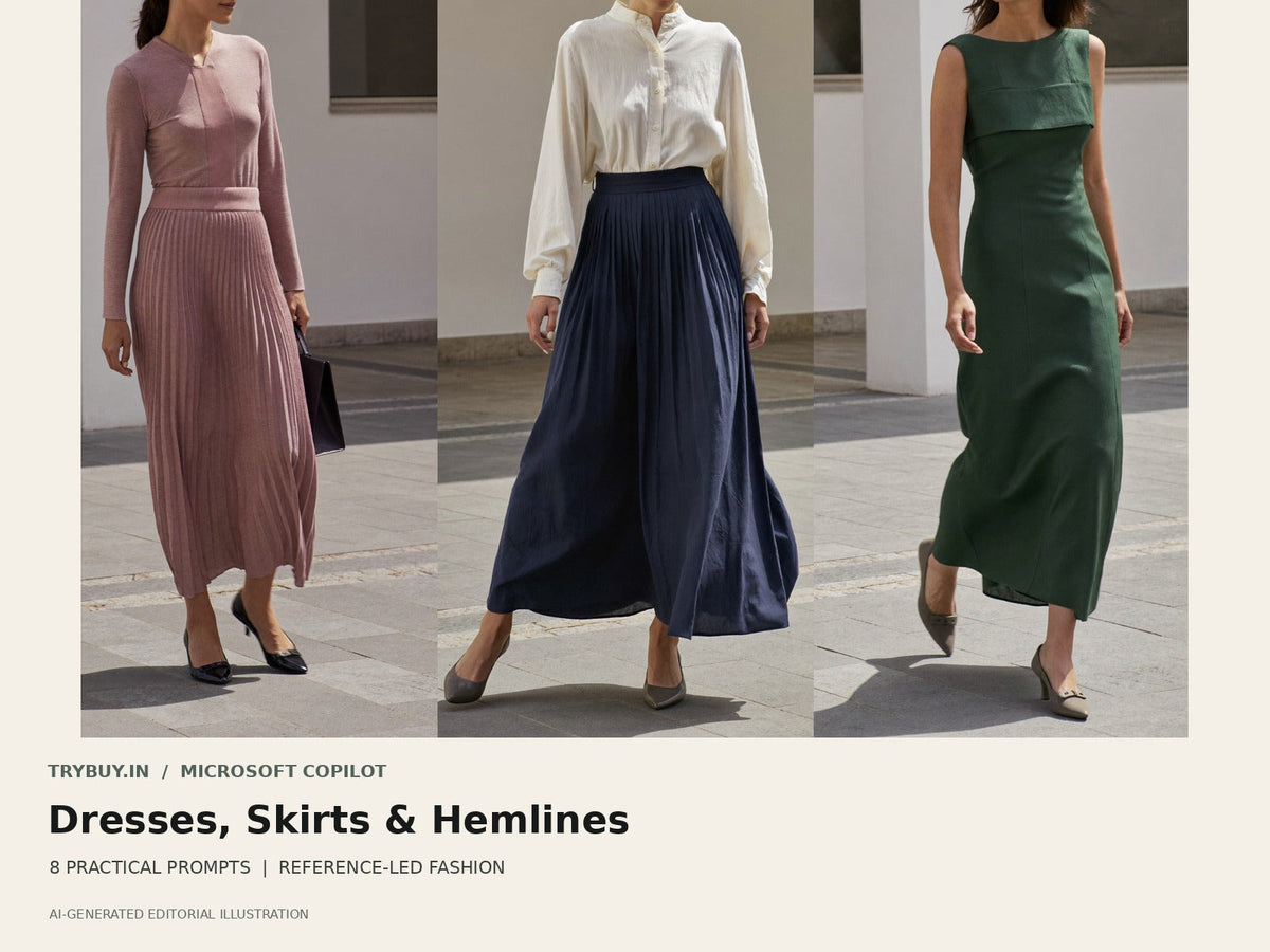 Microsoft Copilot Dresses, Skirts and Hemlines guide cover with AI-generated editorial outfits.