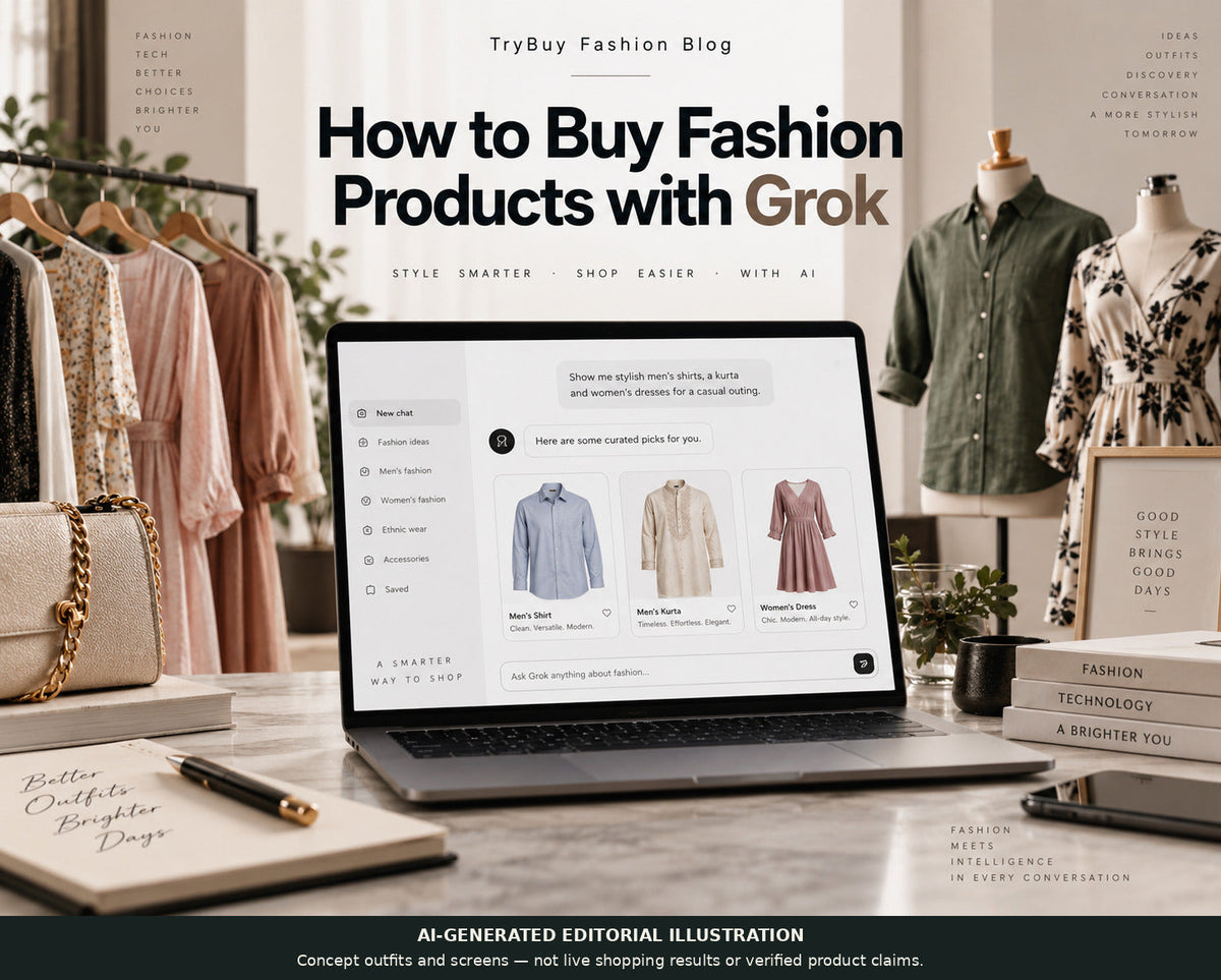 Grok fashion-shopping guide with an AI-generated laptop and clothing scene; the interface is fictional, not verified shopping results.