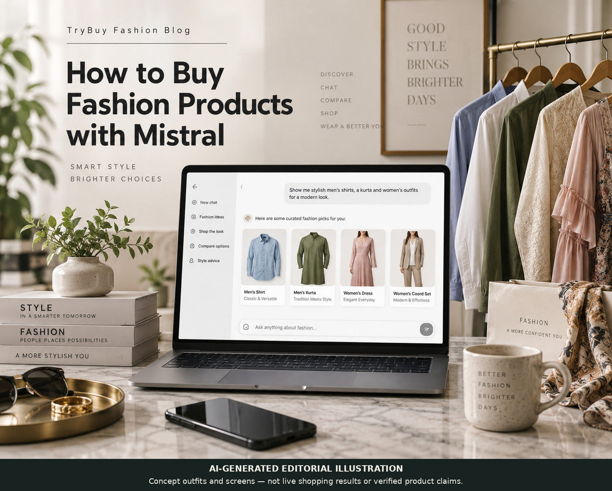 Mistral fashion-shopping guide with a fictional product screen and clothing rack; AI-generated illustration for a research workflow, not checkout evidence.