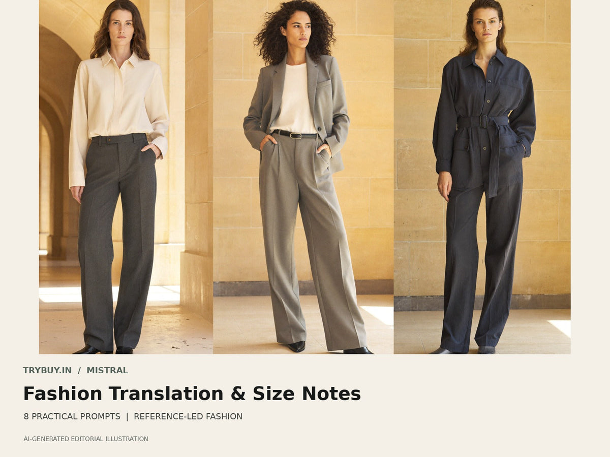 Mistral Fashion Translation and Size Notes cover with AI-generated illustrative womenswear.