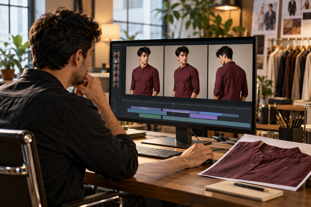 AI-generated editorial concept: a video editor compares maroon-shirt frames and a garment reference while reviewing a fictional timeline.