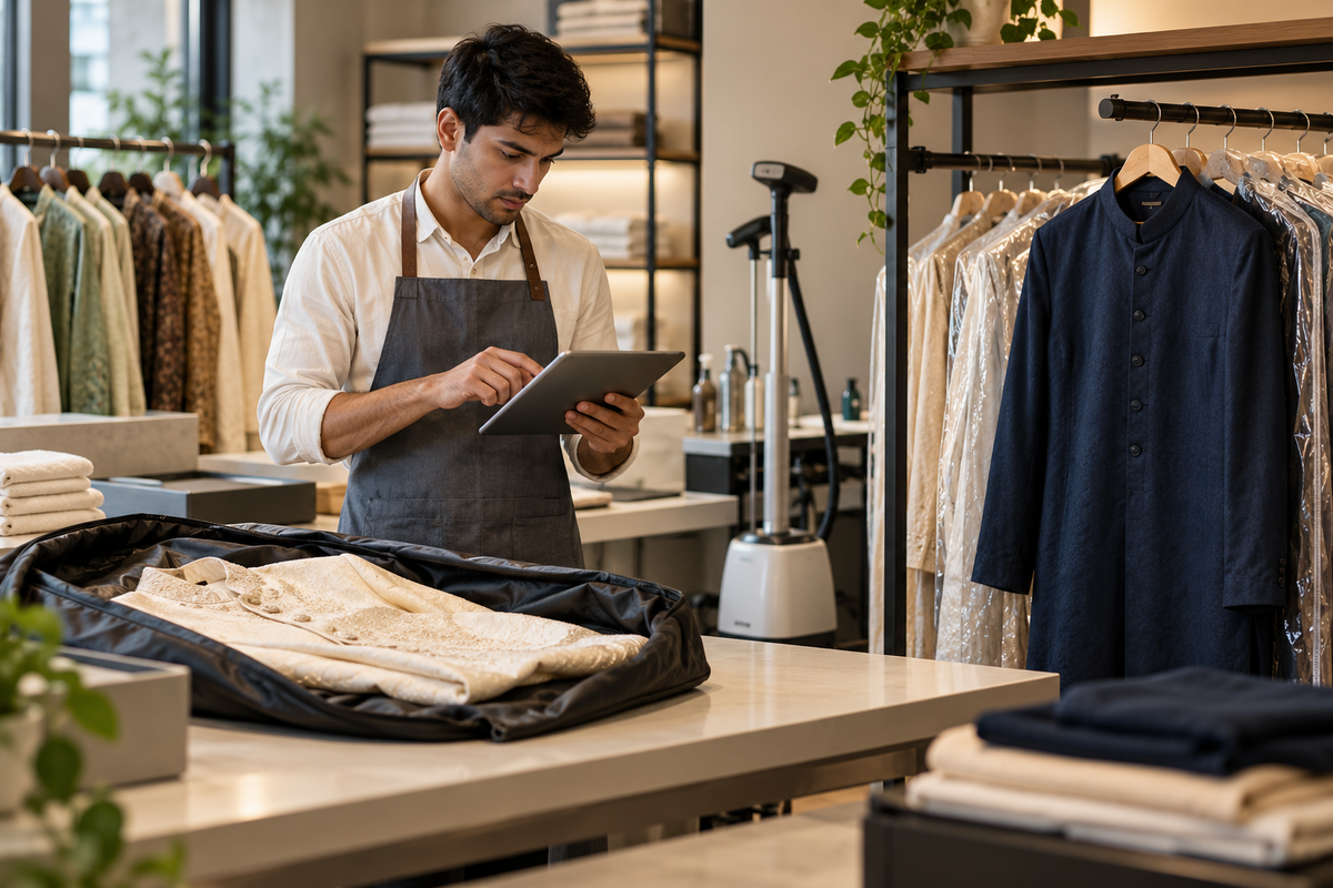 KI-generated editorial concept: a garment-care worker consults a tablet beside an intake bag and a rail of prepared garments.
