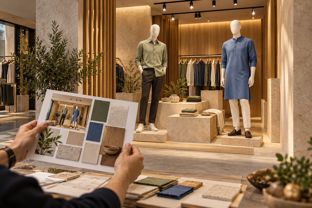 AI-generated editorial concept: a fictional pop-up display concept presents men's shirts and kurtas alongside a designer's moodboard.