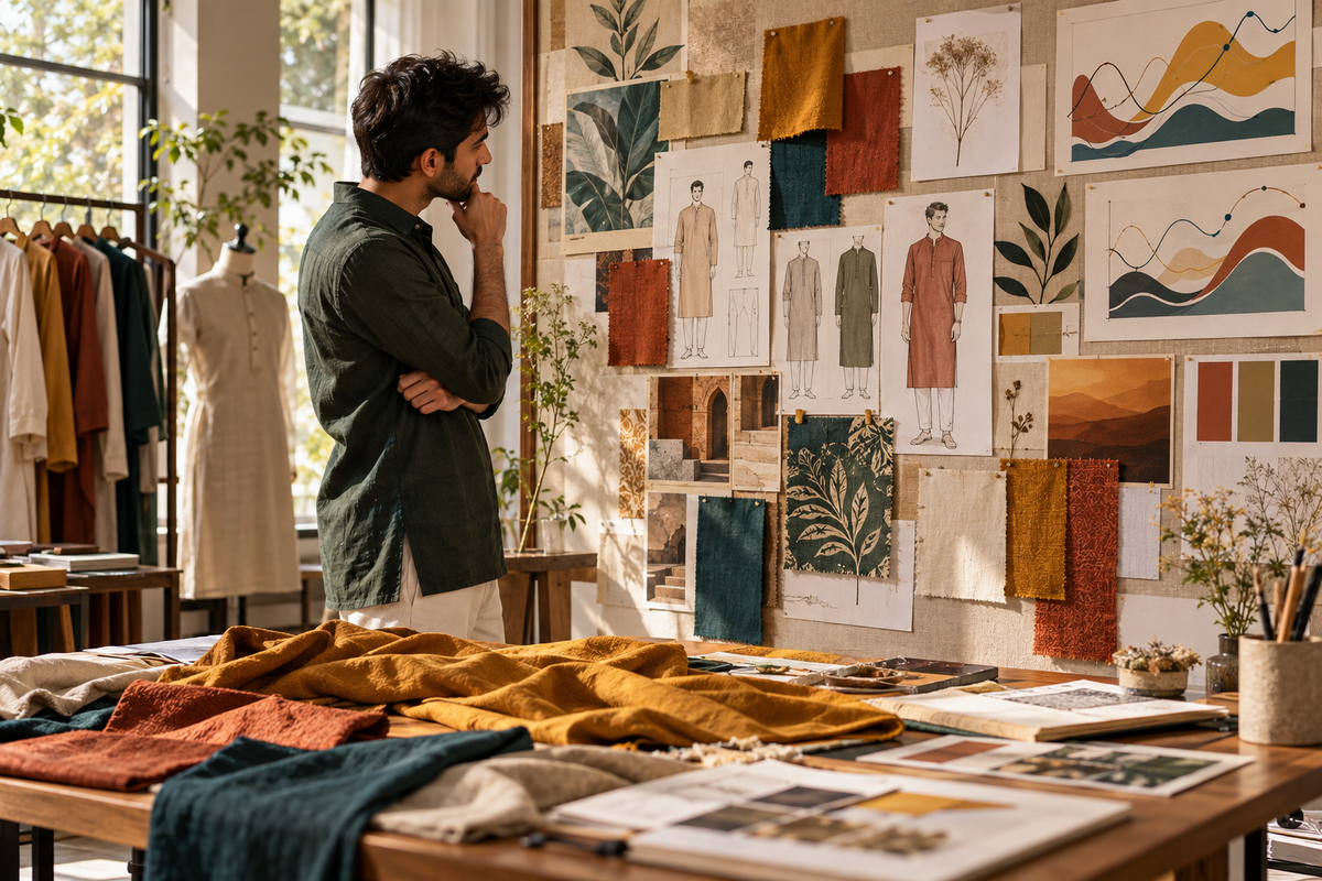 AI-generated editorial concept: a designer compares botanical motifs, colour swatches and menswear sketches on a trend research board.