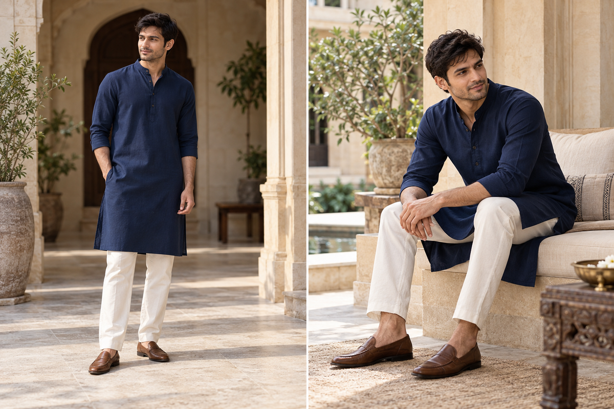 AI-generated editorial concept: front and seated views of a fictional navy men's kurta illustrate silhouette, length and room for movement.
