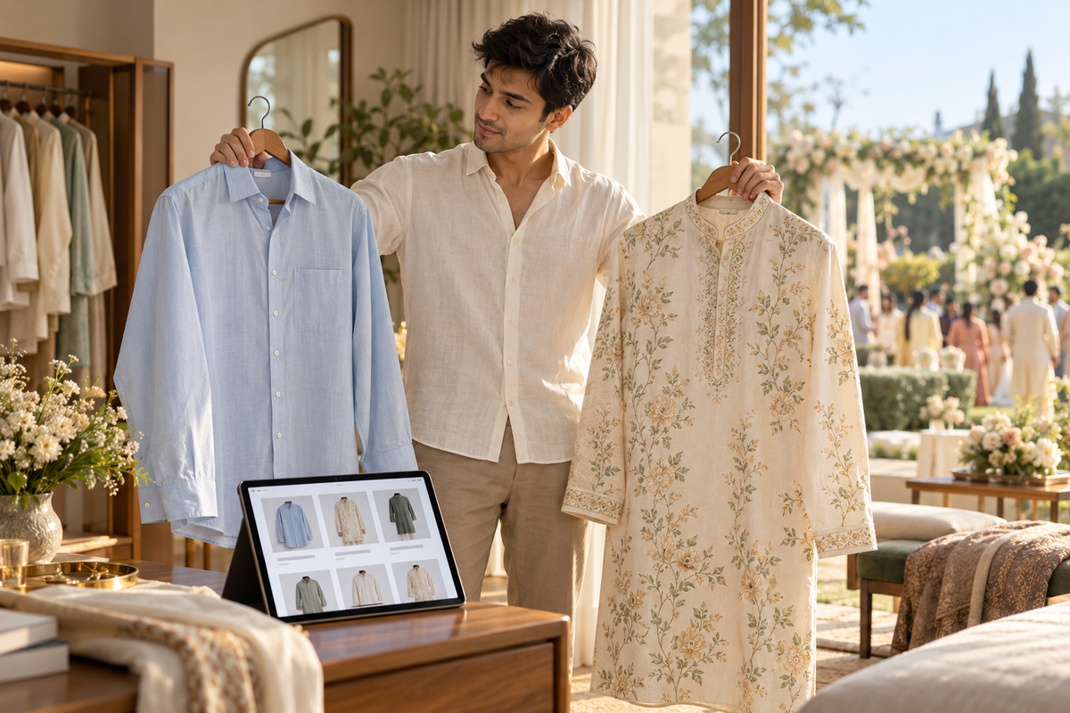 AI-generated editorial concept: a shopper compares a shirt and a floral men's kurta with a fictional occasion-based product shortlist.