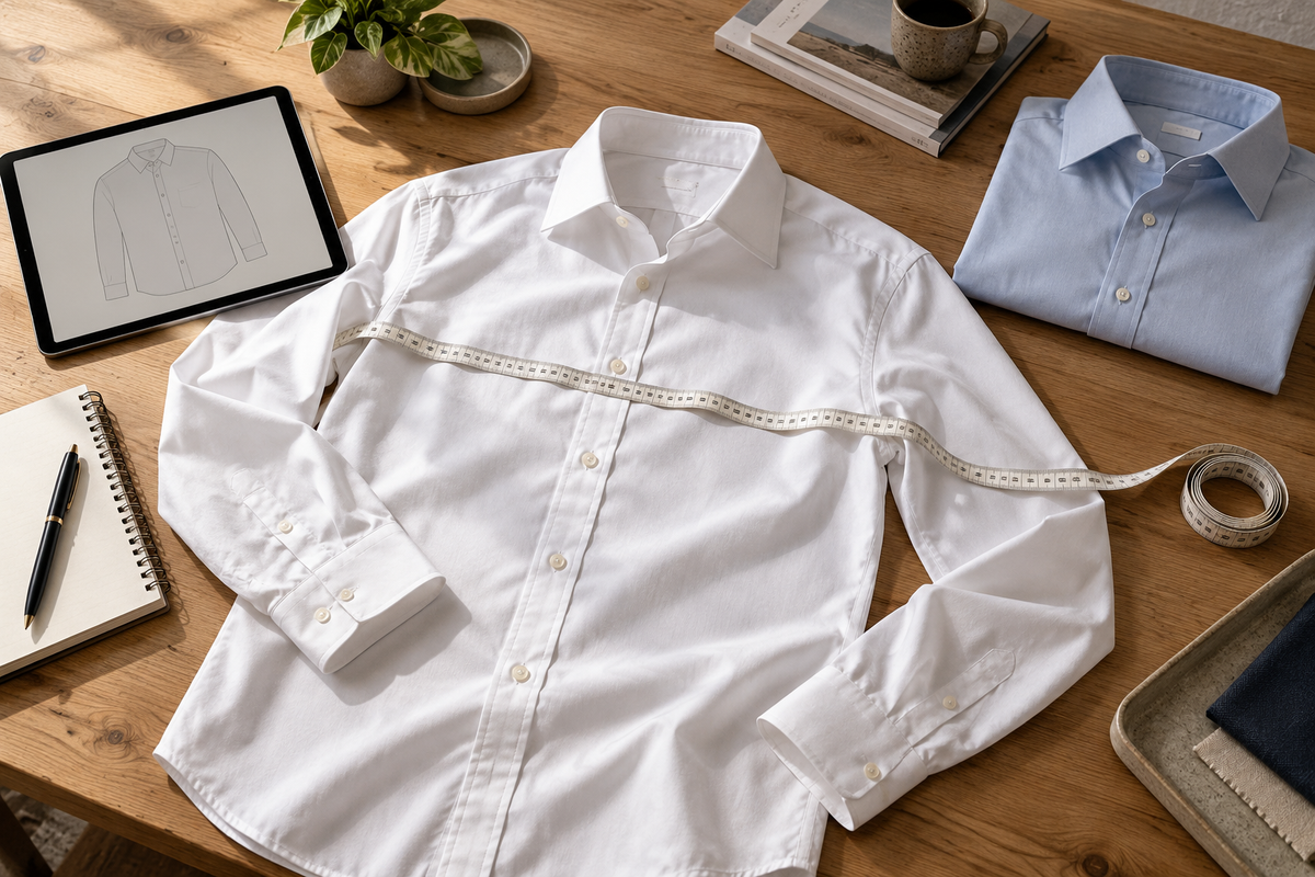 AI-generated editorial concept: a white shirt, measuring tape and reference garment illustrate the evidence needed for fit guidance.