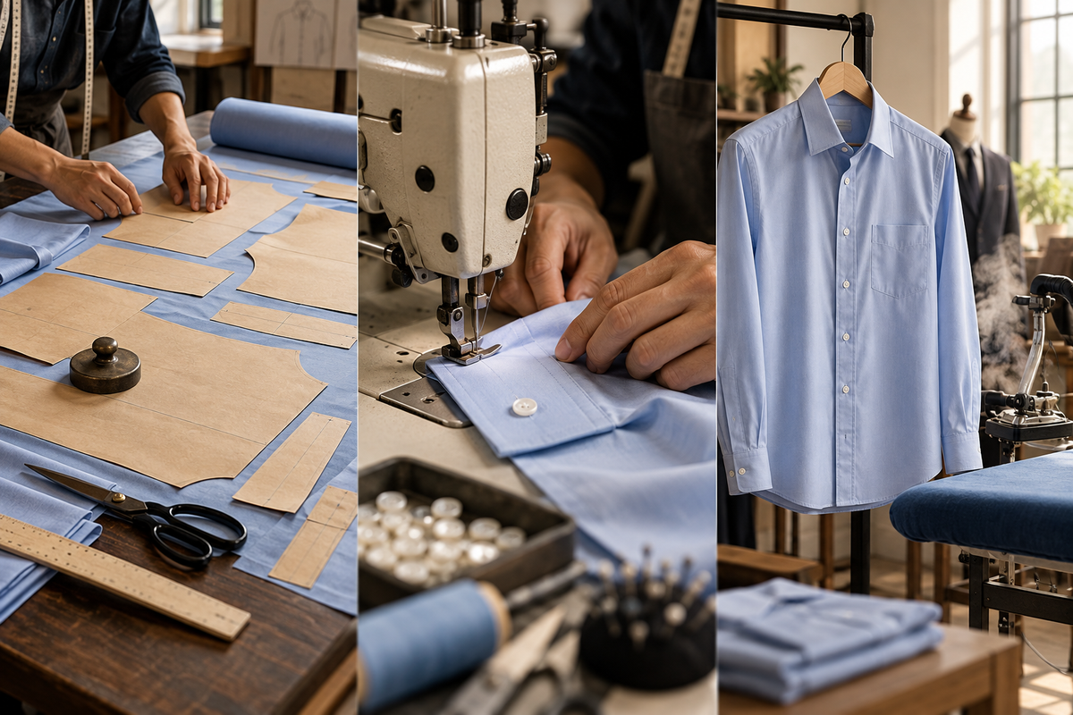 AI-generated editorial concept: a conceptual three-part scene shows shirt pattern preparation, cuff sewing and a finished pressed shirt.