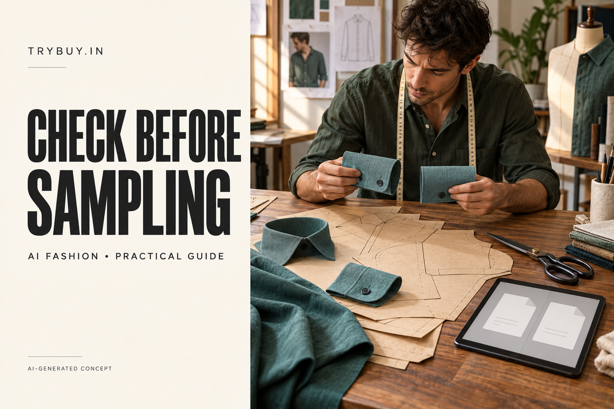 AI-generated cover reading "CHECK BEFORE SAMPLING": shirt-pattern pieces and sample cuffs illustrate a pre-sampling review.