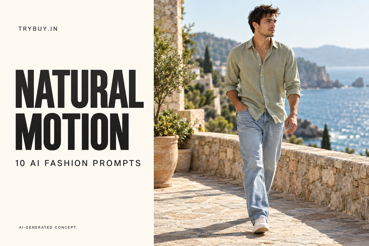 AI-generated cover reading "NATURAL MOTION": a walking model in a sage shirt illustrates subtle wind and garment movement.