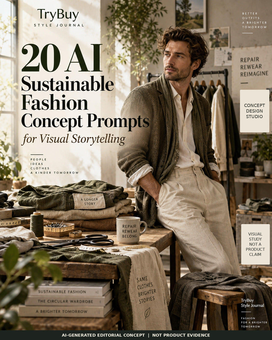 AI-generated workshop cover titled 20 AI Sustainable Fashion Concept Prompts, showing a model beside folded garments and sewing tools.