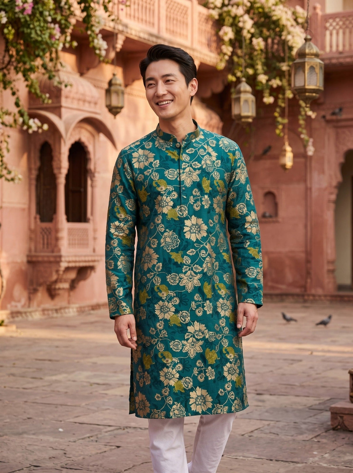 Teal green botanical floral men’s kurta used to illustrate accurate fashion localisation