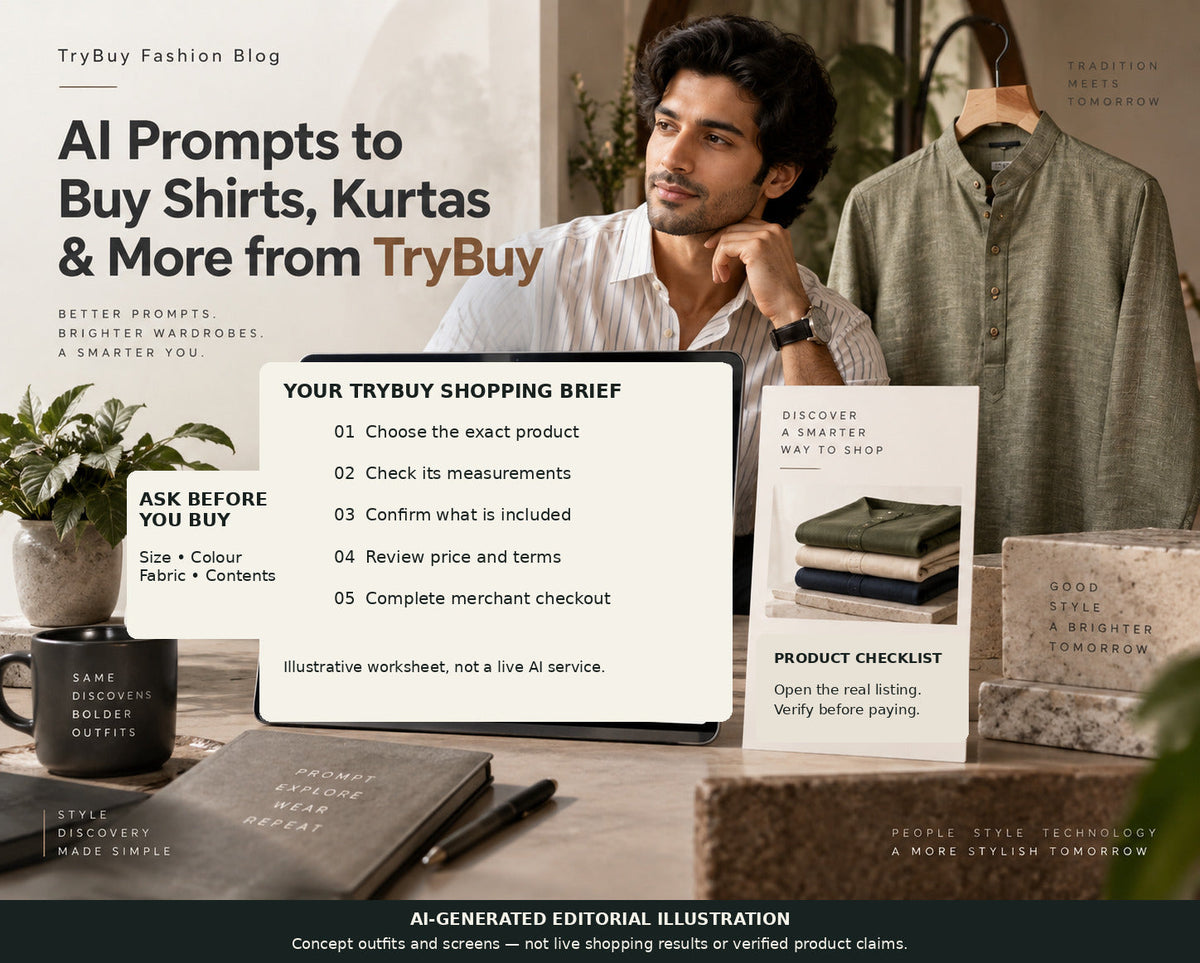 TryBuy shirt and kurta shopping-prompt cover with a five-step purchase checklist; an illustrative worksheet, not a live TryBuy AI assistant.