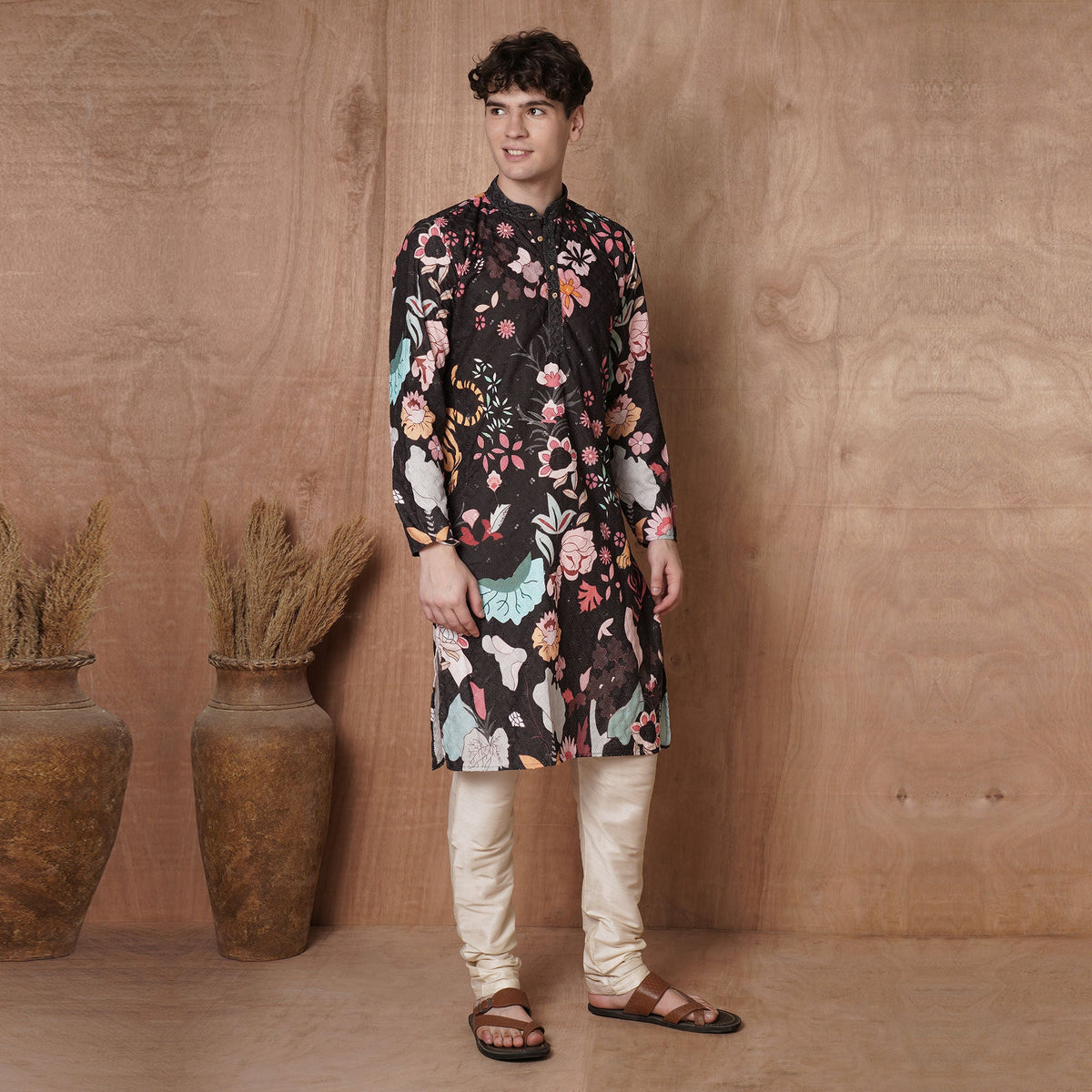 Diwali outfit for men with black printed kurta for festive celebrations