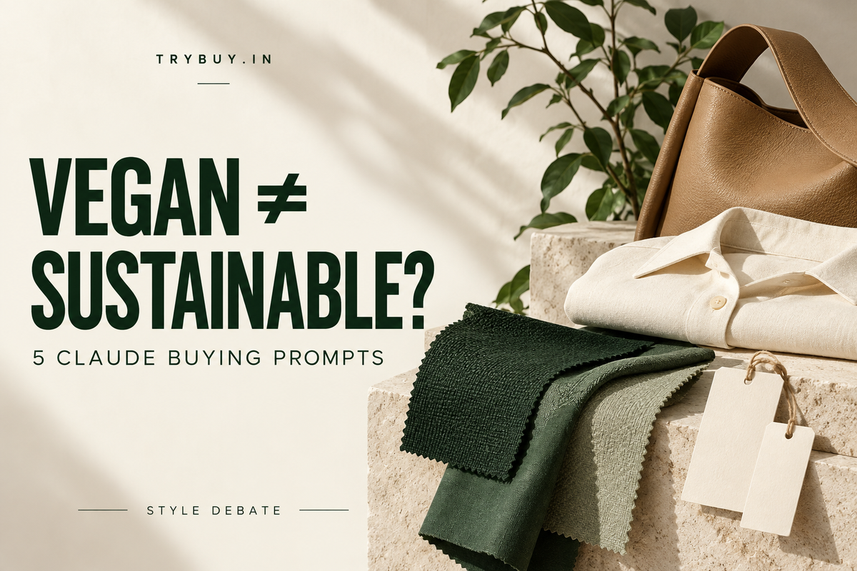 AI-generated cover showing fabric swatches, blank tags, a cream shirt and tan bag, with text Vegan Does Not Equal Sustainable?