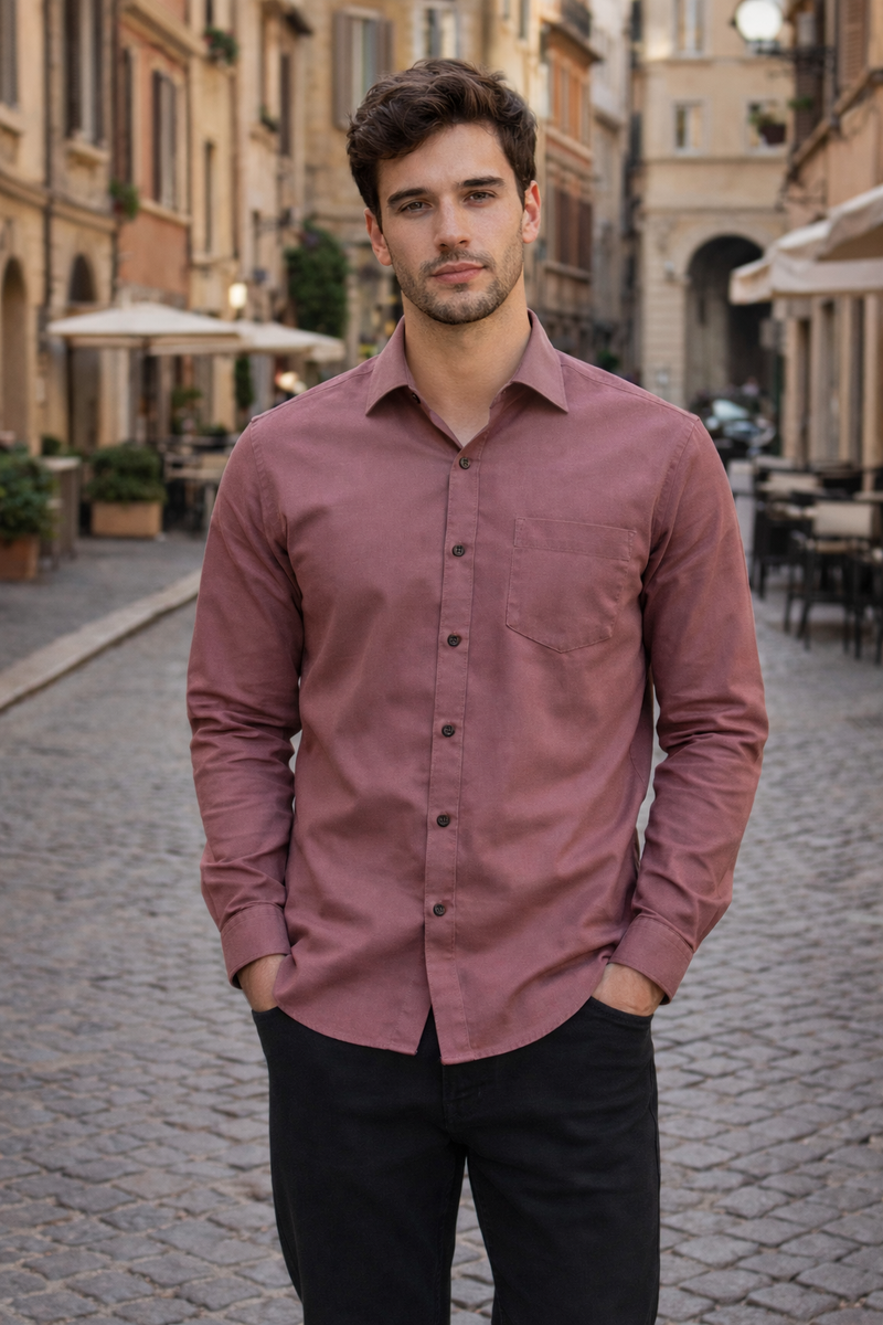Men Mauve Solid Spread Collar Slim Fit Casual Shirt 1