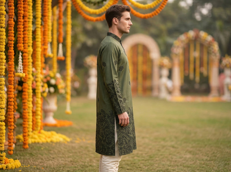 Men Olive Green Embroidered Ethnic Kurta 7