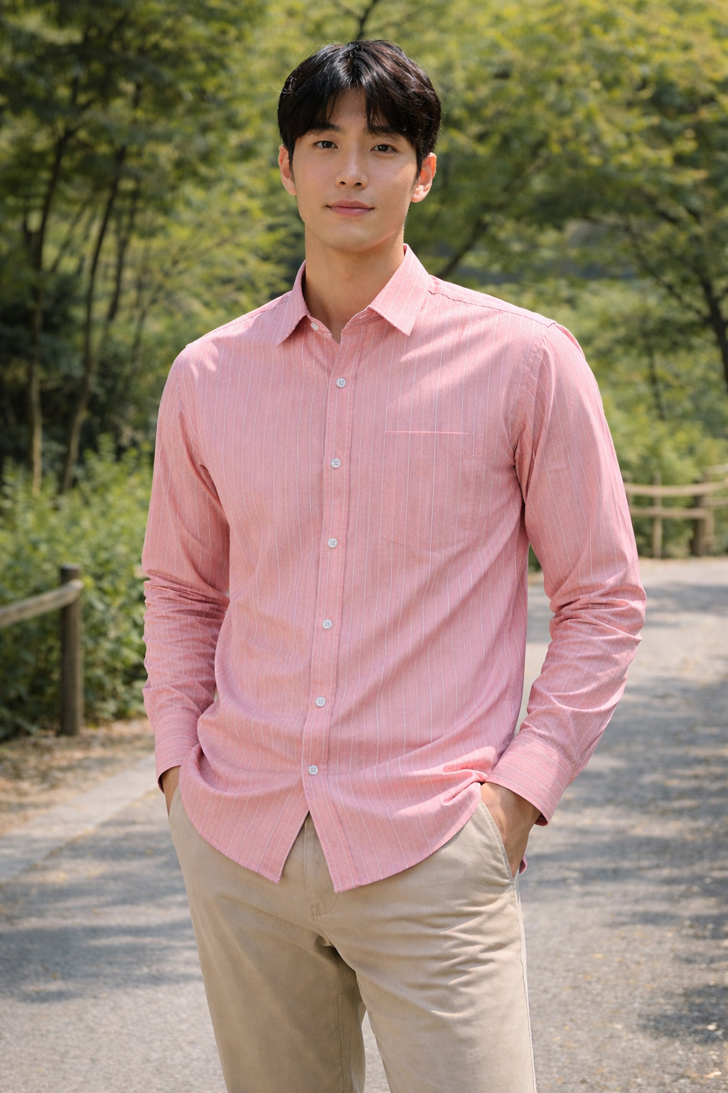Mens Pink Striped Slim Fit Casual Shirt
